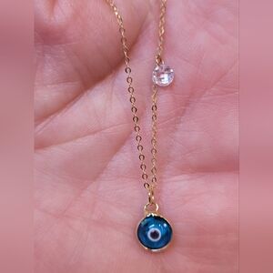 9k Real Gold (Stamped 375) Necklace with Clear Crystal Pendant, 16"L.